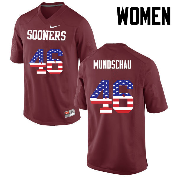 Women Oklahoma Sooners #46 Reeves Mundschau College Football USA Flag Fashion Jerseys-Crimson